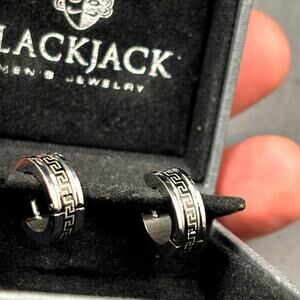 Blackjack BJE24B Mens 14mm Stainless Steel Black Greek Key Hoop Earrings NIBWT